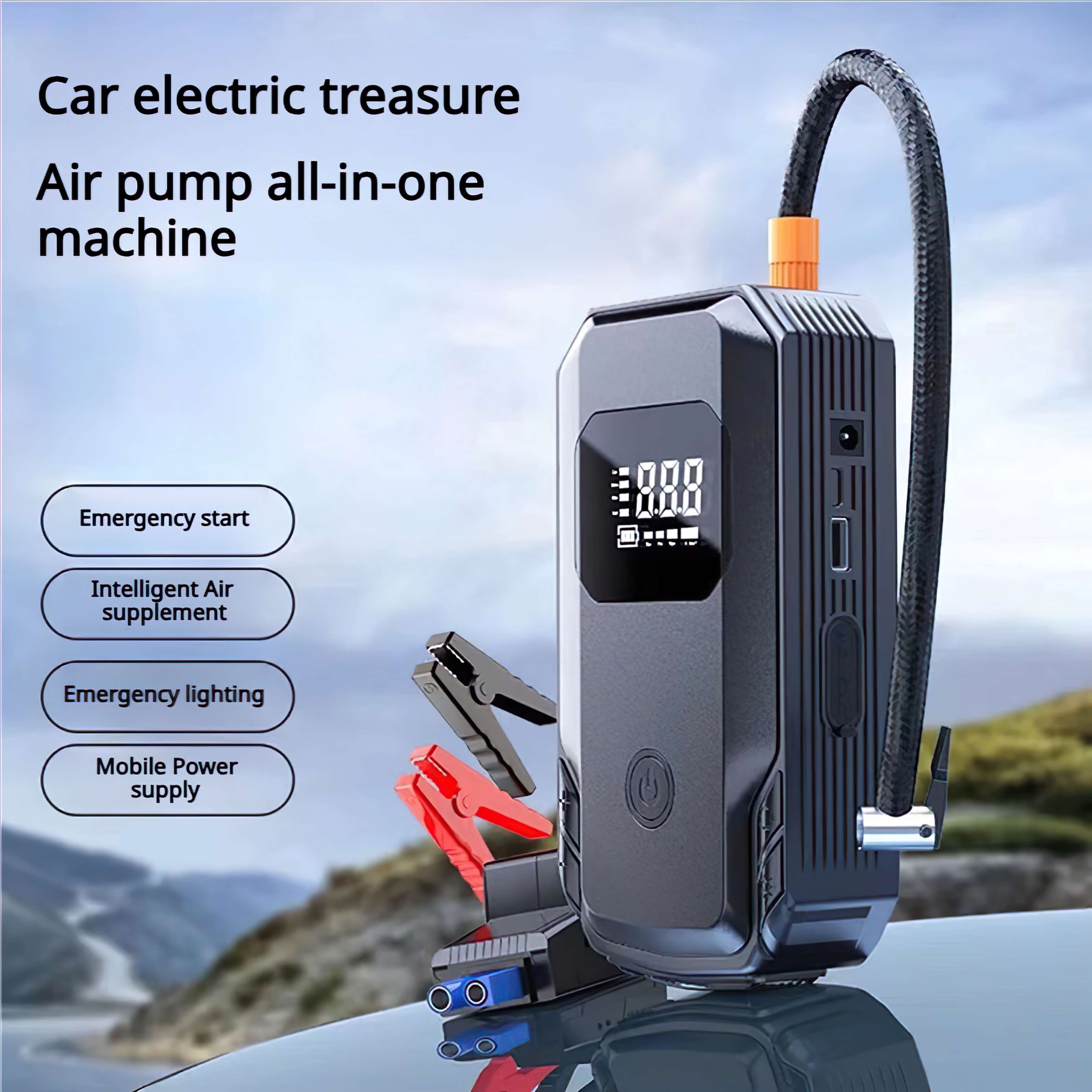 Car Inflatable Pump with Emergency Starter Power | Portable Electric Tire Pump for Hitchhiking - BAOGODA