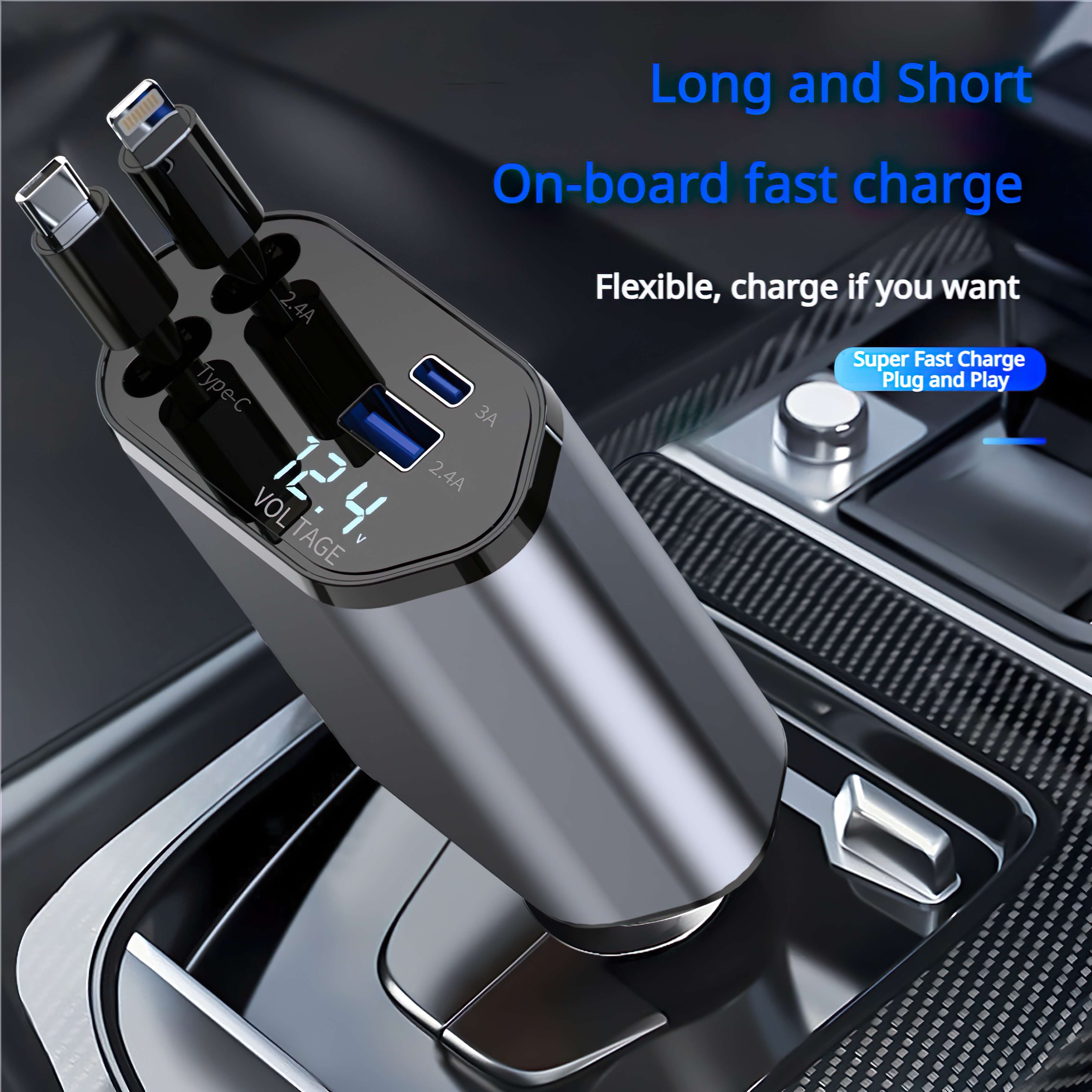 120W Retractable Car Charger - 4-in-1 Adapter for USB Ports | Fast Charging for iPhone, Android and Samsung | 2024 Universal Charger with Voltage Display - BAOGODA