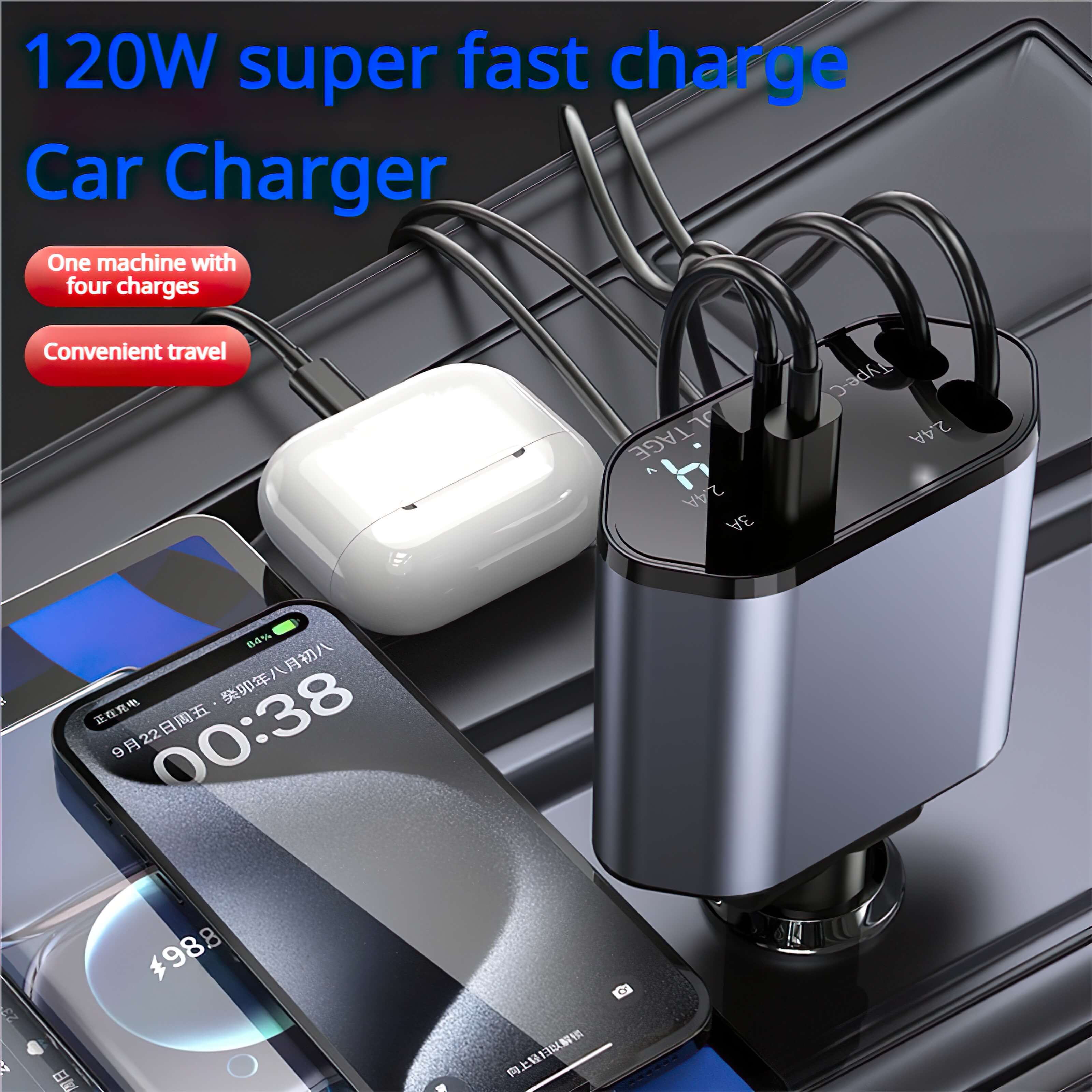 120W Retractable Car Charger - 4-in-1 Adapter for USB Ports | Fast Charging for iPhone, Android and Samsung | 2024 Universal Charger with Voltage Display - BAOGODA