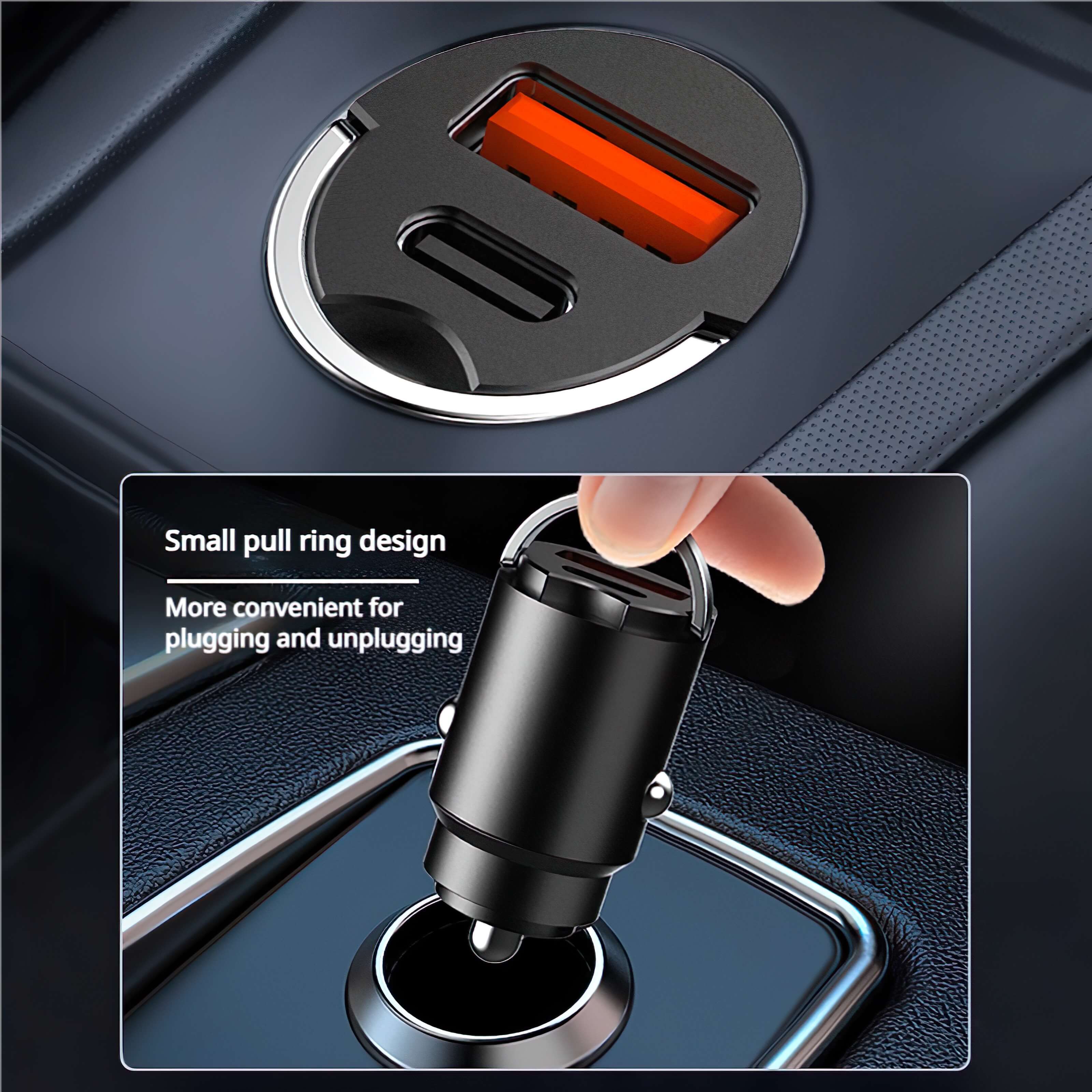 100W PD Fast Charging Dual Interface Mini Car Charger - Invisible Pull Ring Design | Universal Compatibility with Apple, Huawei, and More - BAOGODA