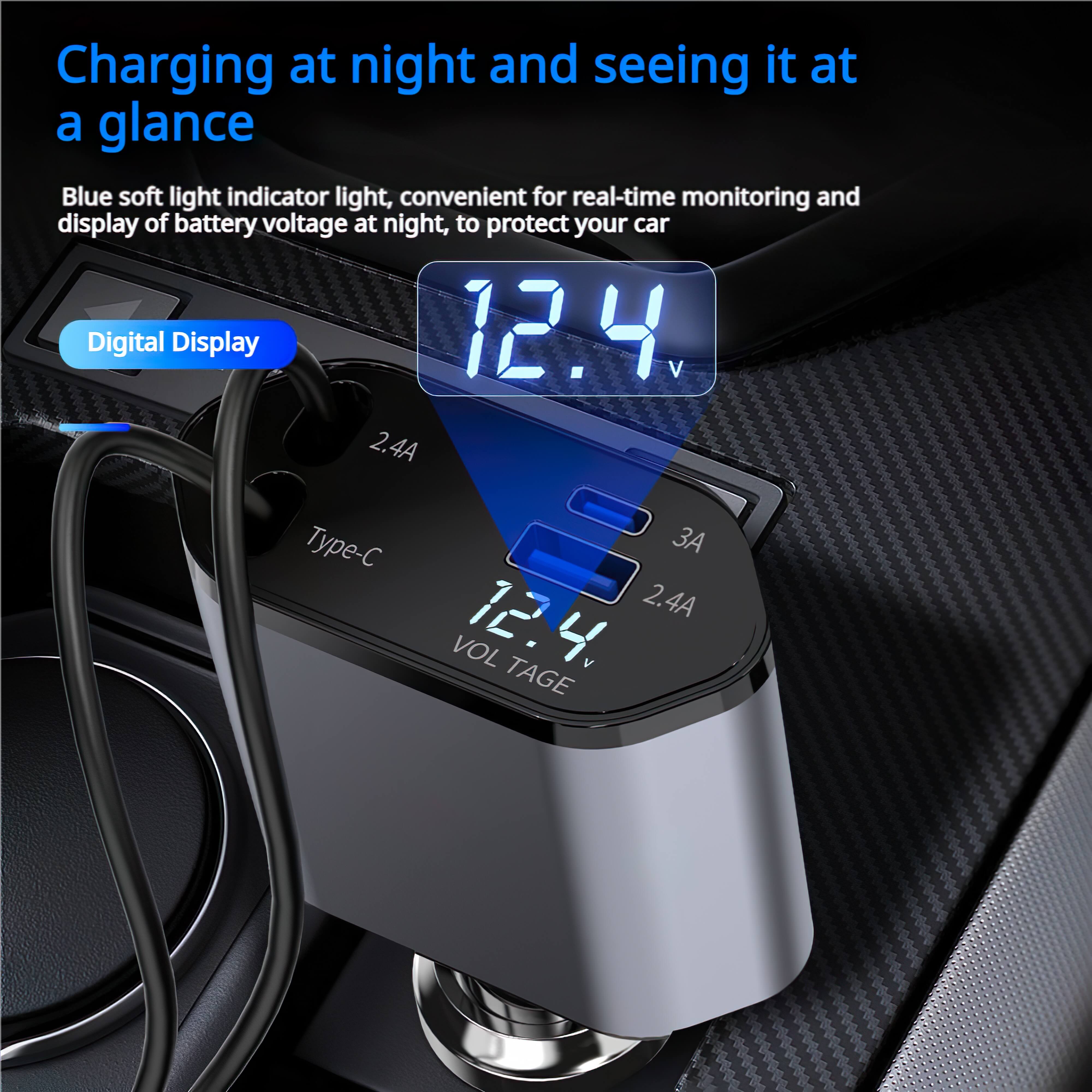 120W Retractable Car Charger - 4-in-1 Adapter for USB Ports | Fast Charging for iPhone, Android and Samsung | 2024 Universal Charger with Voltage Display - BAOGODA